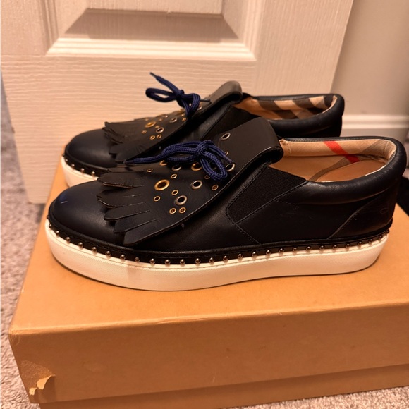 Burberry Black Leather Fringe Lace-Up Sneakers with Navy Laces - Picture 2 of 5